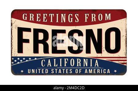 Grußwort von Fresno Vintage aus rostigem Metall auf weißem Hintergrund, Vektorbild Stock Vektor