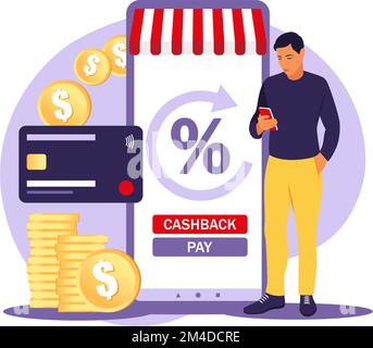 Cashback-Konzept. Geld sparen. Treueprogramm. Rabattprogramm. Rabattkonzept für den Verkauf. Cashback-Service. Kostentransfer. Vektordarstellung Stock Vektor