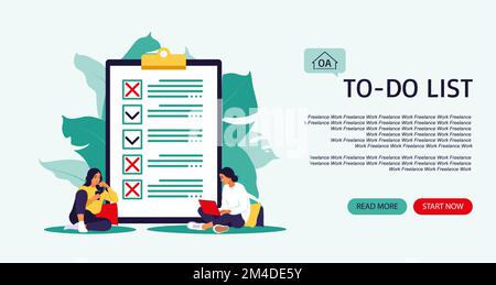Checkliste, To-Do-Liste. Landing Page. Liste oder Notizblock Konzept. Geschäftsidee, Planung oder Kaffeepause. Vektorgrafik. Flacher Style. Stock Vektor