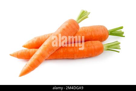 Frische Karotten isoliert. Zwei ganze Karotten und eine Hälfte Karotte auf weißem Hintergrund. Stockfoto