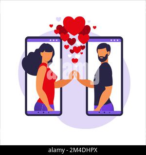 Romantische App, virtuelle Beziehung, Kommunikation, Social-Media-Konzept. Zwei Smartphones mit Dating-Anwendung, die Menschen helfen, Liebe zu finden. Vektor Stock Vektor