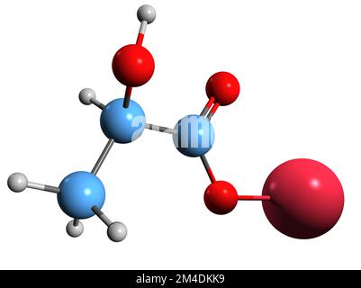 3D-Bild einer Natrium-Laktat-Skelettformel - molekularchemische Struktur von Natrium-2-hydroxypropanoat isoliert auf weißem Hintergrund Stockfoto