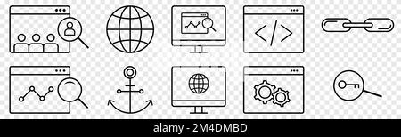 Symbolsatz für digitales Marketing. Enthält seo-Symbole. Vektordarstellung auf transparentem Hintergrund isoliert Stock Vektor