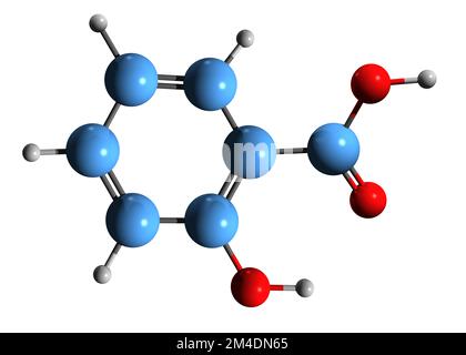 3D-Bild einer Salicylsäure-Skelettformel - molekularchemische Struktur der auf weißem Hintergrund isolierten 2-Hydroxybenzoesäure Stockfoto