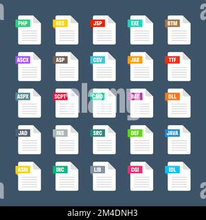 Gängige Systemdateiformate. Dokumenttypen und Erweiterungen. Flache Ikonen-Kollektion. Dokument-Piktogramm, Web-Design-UI-Element, Vorlage. Computer Stock Vektor