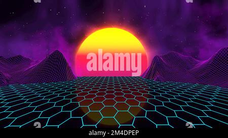Futuristischer Sonnenuntergang im Retro-Look. Waporwave 80s Hintergrunddisco. Digitale Drahtmodelllandschaft des Space Neon Dreiecks Synthwave. Stockfoto