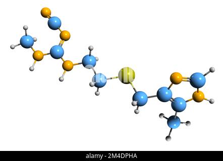 3D-Bild der Cimetidin-Skelettformel - molekularchemische Struktur des auf weißem Hintergrund isolierten Histamin-H2-Rezeptorantagonisten Stockfoto