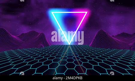 Neon-Dreieck-Synthwave digitale Drahtdarstellung. Futuristischer Retro-Hintergrund für Spiele. Stockfoto