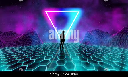 Futuristischer Retro-Hintergrund für das Spiel mit Männersilhouette. Neon-Dreieck-Synthwave digitale Drahtdarstellung Stockfoto