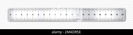 Realistisches Lineal aus gebürstetem Metall mit Messskala und Teilungen, Messen von Markierungen. Schullineal, Zentimeterskala für Längenmessungen. Büro Stock Vektor