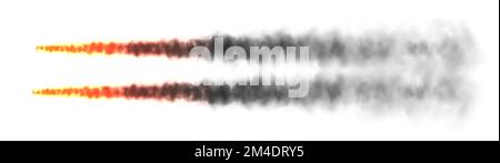 Realistischer schwarzer Rauch mit Feuer, Raketenabschussweg. Feuer geplatzt, Explosion. Raketen- oder Schussspuren. Düsenflugzeug-Gleis. Rauchwolken, Nebel Stock Vektor