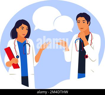 Medizinteam-Konzept mit einigen Ärzten im Krankenhaus. Praktizierende junge Ärzte junger Mann und stehende Frau. Beratung und Diagnose. Vektor Stock Vektor