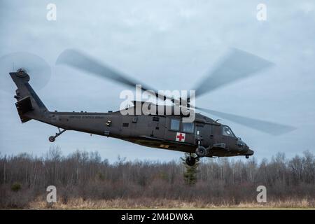 USA Armeesoldaten der 510. HR Company, 10. Division Sustainment Truppen Bataillon, 10. Mountain Division Sustainment Brigade (10. MDSB), 10. Mountain Division führten eine MEDEVAC-Schulung mit Mountain DUSTOFF (HH-60m Blackhawk) von Charlie Company durch, 3-10 General Support Aviation Battalion, 10. Combat Aviation Brigade, 10. Mountain Division in Fort Drum, N. Y. Die Soldaten versorgten die TCCC (Tactical Combat Casualty Care), um Opfer zu simulieren, und transportierten sie über den Feldlaster-Krankenwagen (FLA). (USA Armeefoto von SPC. Ethan Scofield) Stockfoto