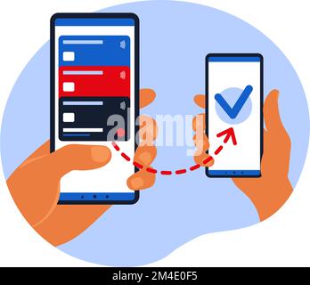 Online-Konzept für Geldtransaktionen. Mobile Zahlungen per Smartphone. Hand hält ein Mobiltelefon. Vektordarstellung. Flach Stock Vektor