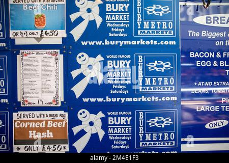 Grabmarkt, überdachter Markt im Stadtzentrum von Bury, Greater Manchester, England, Großbritannien Stockfoto