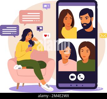 Frau, die das Telefon für gemeinsame virtuelle Meetings und Gruppen-Videokonferenzen verwendet. Frau, die online mit Freunden chattet. Videokonferenz, Fernarbeit Stock Vektor