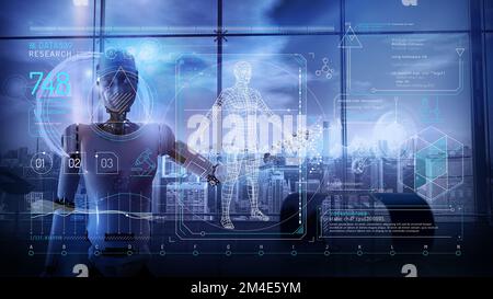 Virtuelle Infografiken mit 3D-Humanmodell und künstlicher Intelligenz. Stockfoto