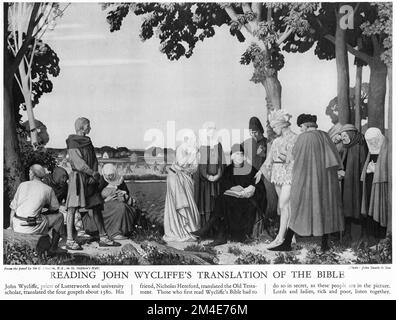 Halbton von Leuten, die John Wycliffes Übersetzung der Bibel aus einer Lehrzeitschrift aus dem Jahr 1927 lesen. Stockfoto