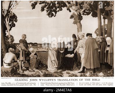 Halbton von Leuten, die John Wycliffes Übersetzung der Bibel aus einer Lehrzeitschrift aus dem Jahr 1927 lesen. Stockfoto