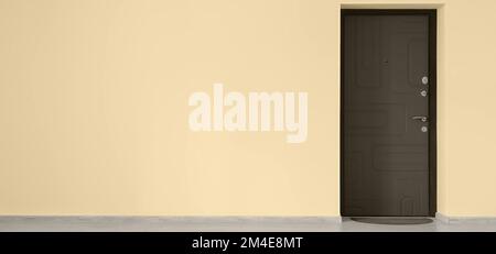 Blick auf die beige Wand mit geschlossener Tür im Zimmer. Banner für Design Stockfoto