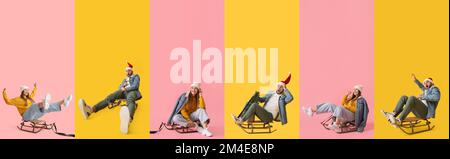 Collage von jungen Frauen und Männern in Winterkleidung, die auf Schlitten vor farbigem Hintergrund sitzen Stockfoto