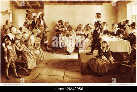 Ein Halbton von Soldaten von James I. unterbricht ein religiöses Treffen puritanischer Kinder, aus einer pädagogischen Publikation im Jahr 1927. Stockfoto