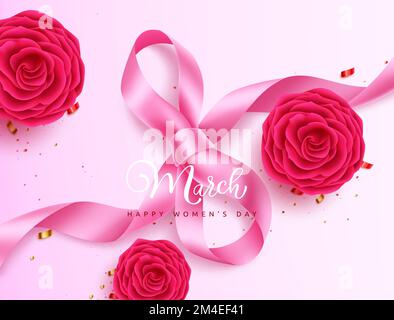Happy Women's Day Vector Hintergrunddesign. März 8 Internationale Feier zum Frauentag mit Blumen und Schleifenelementen zur Begrüßung. Stock Vektor