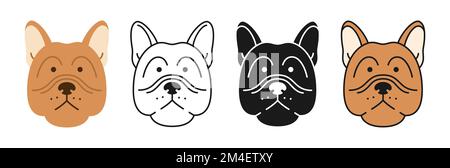 Französischer Bulldog-Hund mit Zeichentrickzeichensatz. Niedliches Hündchen, kindisches Kawaii-Kopf-Symbol, Mündung, Line-Doodle, Symbol oder Silhouette. Lächelndes, lustiges Hundebaby, Comic-Druck, flacher Sticker, Vorlagenvektor Stock Vektor
