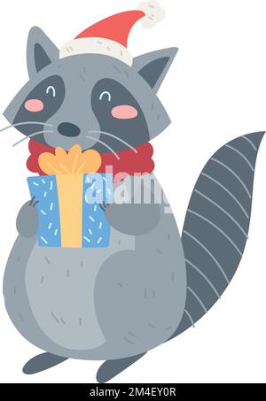 Isolierter Waschbär-Cartoon Kawaii Weihnachtsfigurenvektor Stock Vektor