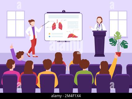 Medizinstudium mit Schülern, die Doktorlehrgang und Lernwissenschaften im Klassenzimmer in flacher Cartoon handgezeichnete Vorlage Illustration hören Stock Vektor