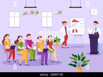 Medizinstudium mit Schülern, die Doktorlehrgang und Lernwissenschaften im Klassenzimmer in flacher Cartoon handgezeichnete Vorlage Illustration hören Stock Vektor
