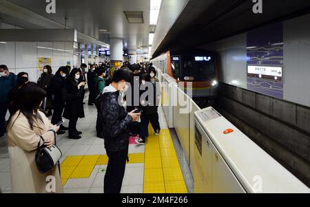 Japanische Passagiere warten auf den Einstieg in die U-Bahn in Tokio, Japan. Stockfoto