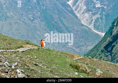 Zwei Sadhus, heilige Männer, wandern die Berge über Badrinath hinauf. Badrinath, Indien Stockfoto