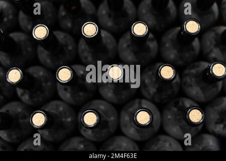 Reihen mit korkierten Weinflaschen Stockfoto