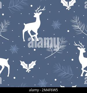 Nahtloses weihnachtsmuster mit Rentieren und Schneeflocken. Wunderschöner Winter oder Neujahr Hintergrund. Vektordarstellung im flachen Cartoon-Stil. Perfekt Stock Vektor