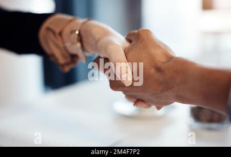 Die Besten der Besten in der Branche. Eine Geschäftsfrau und ein Geschäftsmann, die sich während eines Meetings in einem modernen Büro die Hand schütteln. Stockfoto