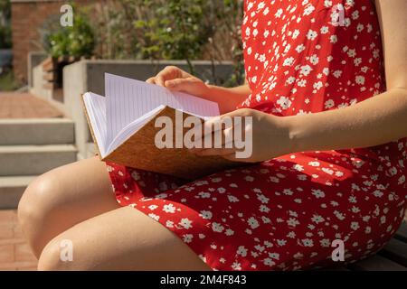 Eine nicht wiedererkennbare junge Frau in rotem Kleid, die Danksagungs-Tagebuch auf einer Holzbank schreibt. Dafür bin ich heute dankbar. Selbstentdeckungs-Tagebuch, kreatives Schreiben mit Selbstreflexion, persönliches Entwicklungskonzept. Selbstpflege Wohlbefinden geistige Gesundheit, Achtsamkeit, ganzheitliche Gesundheitspraktiken Gewohnheiten Achtsamkeit Stockfoto