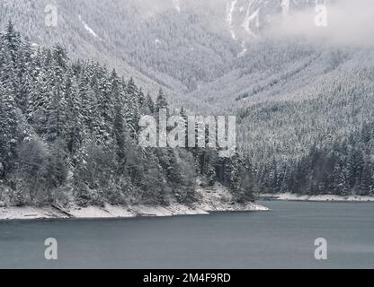 Der Capilano Lake im Capilano River Regional Park in North Vancouver, British Columbia, Kanada, ist von einer wunderschönen verschneiten Winterlandschaft umgeben Stockfoto