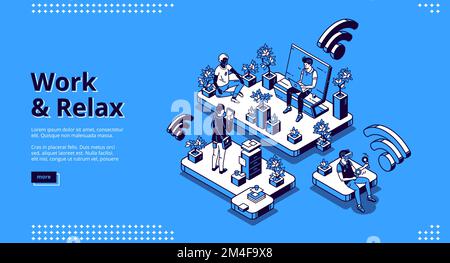 Arbeiten und entspannen isometrische Landing Page, Geschäftsleute arbeiten auf Laptop sitzen auf Bank im Park und meditieren in Lotushaltung zwischen Pflanzen. Yoga Entspannung im Büro, 3d Vektor Linie Kunst Web Banner Stock Vektor