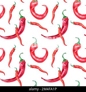 Roter Chili, heißer Paprika, wasserfarbenes, nahtloses Muster, isoliert auf weißem Hintergrund. Scharfer Pfeffer, von Hand gezeichnet. Designelement für Verpackung, Menü, Markt, di Stockfoto