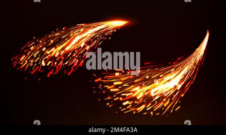 Funken auf dunklem Hintergrund durch Schweißen isoliert. Vektorrealistischer Reflexeffekt von Metallschweißen, Eisenschneiden, Schleifarbeiten. Lichtblitze von Industriewerken mit Stahl, Funkenlampen oder Feuerwerkskörpern Stock Vektor