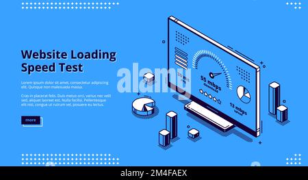 Testbanner für die Ladegeschwindigkeit der Website. Schneller Download der Webseite. Vektor-Landing-Page zur Optimierung der Internetauslastung mit isometrischem Tachometersymbol auf dem Computerbildschirm auf blauem Hintergrund Stock Vektor