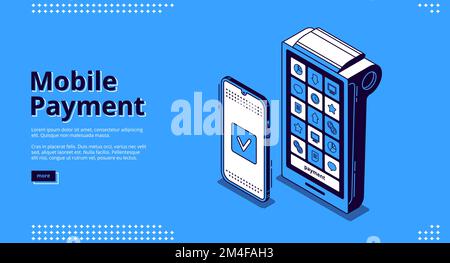 Mobiles Zahlungsbanner. NFC-Zahlungstechnologie. Vektor-Landing-Page der digitalen Transaktion mit isometrischem Symbol des Smartphones und POS-Terminals auf blauem Hintergrund Stock Vektor