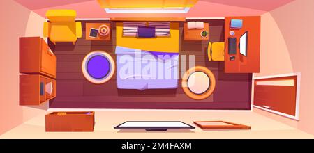Schlafzimmer mit Blick von oben. Vector Cartoon leeres Schlafzimmer mit Kingsize-Bett, fernseher und Spiegel an der Wand, Arbeitsbereich mit Schreibtisch und Computer, Bücherregal, Stuhl, Kleiderschrank und Nachttische Stock Vektor