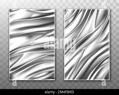 Silberne Folie zerknitterter metallischer Hintergrund, gefalteter Vorhang aus Aluminium oder Stahl, Geschenkpapierblätter, zerknitterter Stoff oder glänzendes Kunststoffmaterial oder Seidentuch, realistisches 3D-Vektormodell aus Alufolie Stock Vektor