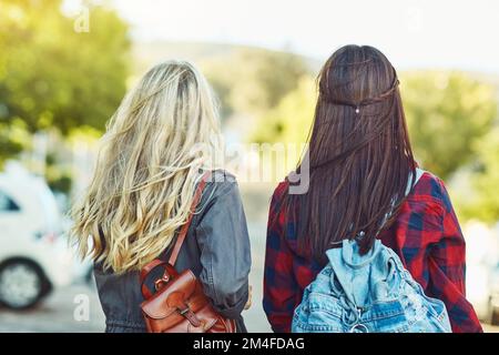 Die beiden Reiserbsen in einer Schote. Rückansicht von zwei unbekannten Freundinnen, die die Stadt sehen. Stockfoto