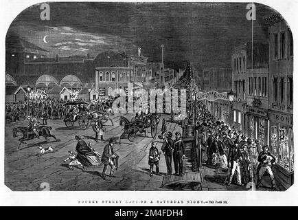 Bourke Street East in Melbourne an Einem Samstagabend im Jahr 1863. Zeigt eine sehr überfüllte Bourke Street mit Kutschen und Familien. Stockfoto