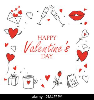 Elemente zum valentinstag im handgezeichneten Stil und Text alles gute zum valentinstag Stock Vektor