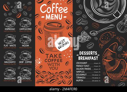 Vektorbanner für Kaffeemenü handgezeichnet Schwarz und Orange handgezeichnet Stock Vektor