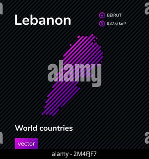 Vektor-Flachkarte des Libanon mit violetter, violetter, rosa gestreifter Textur auf schwarzem Hintergrund. Bildungs-Banner, Poster über den Libanon Stock Vektor